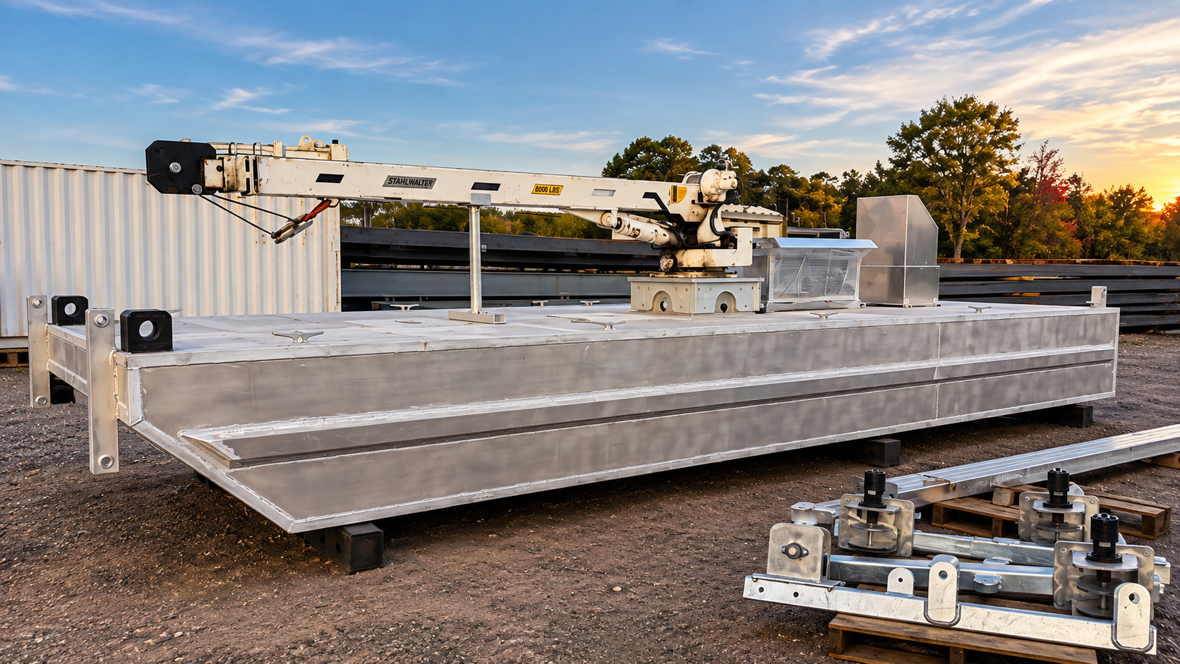 Large aluminum boat with a mounted crane on a construction site or storage yard during sunset.