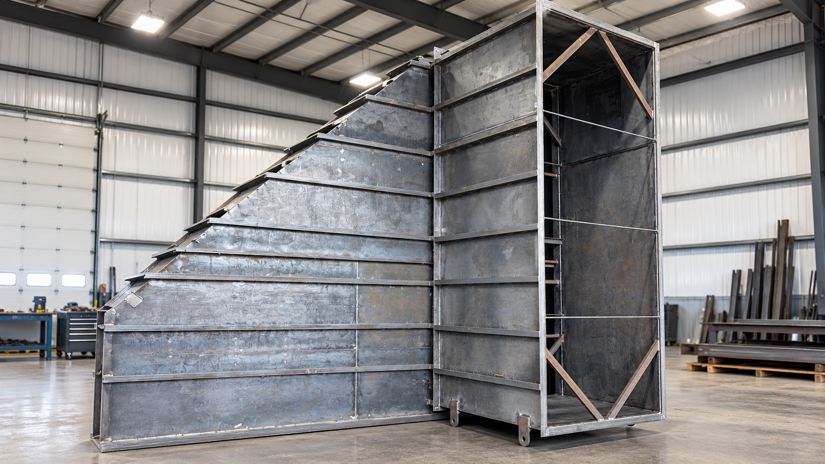 Large metal ductwork inside a spacious warehouse with metal walls and various tools and materials in the background.