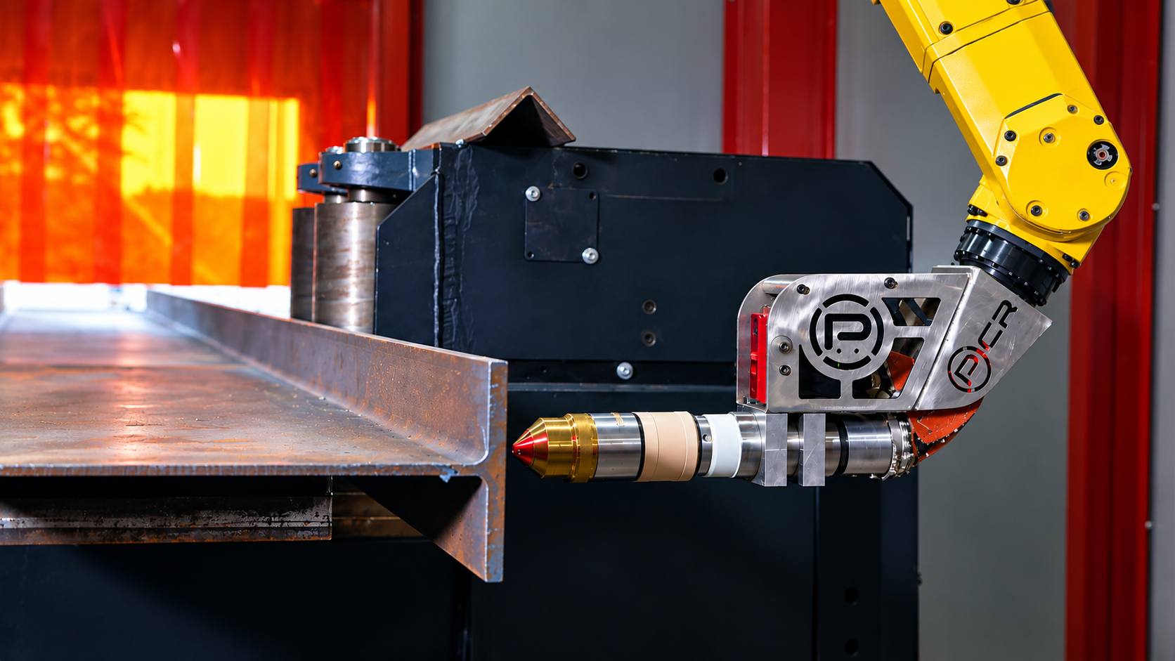 A robotic arm with a yellow and silver design working on a metal piece, possibly in manufacturing or industrial processing, with a background of a red curtain and gray wall.