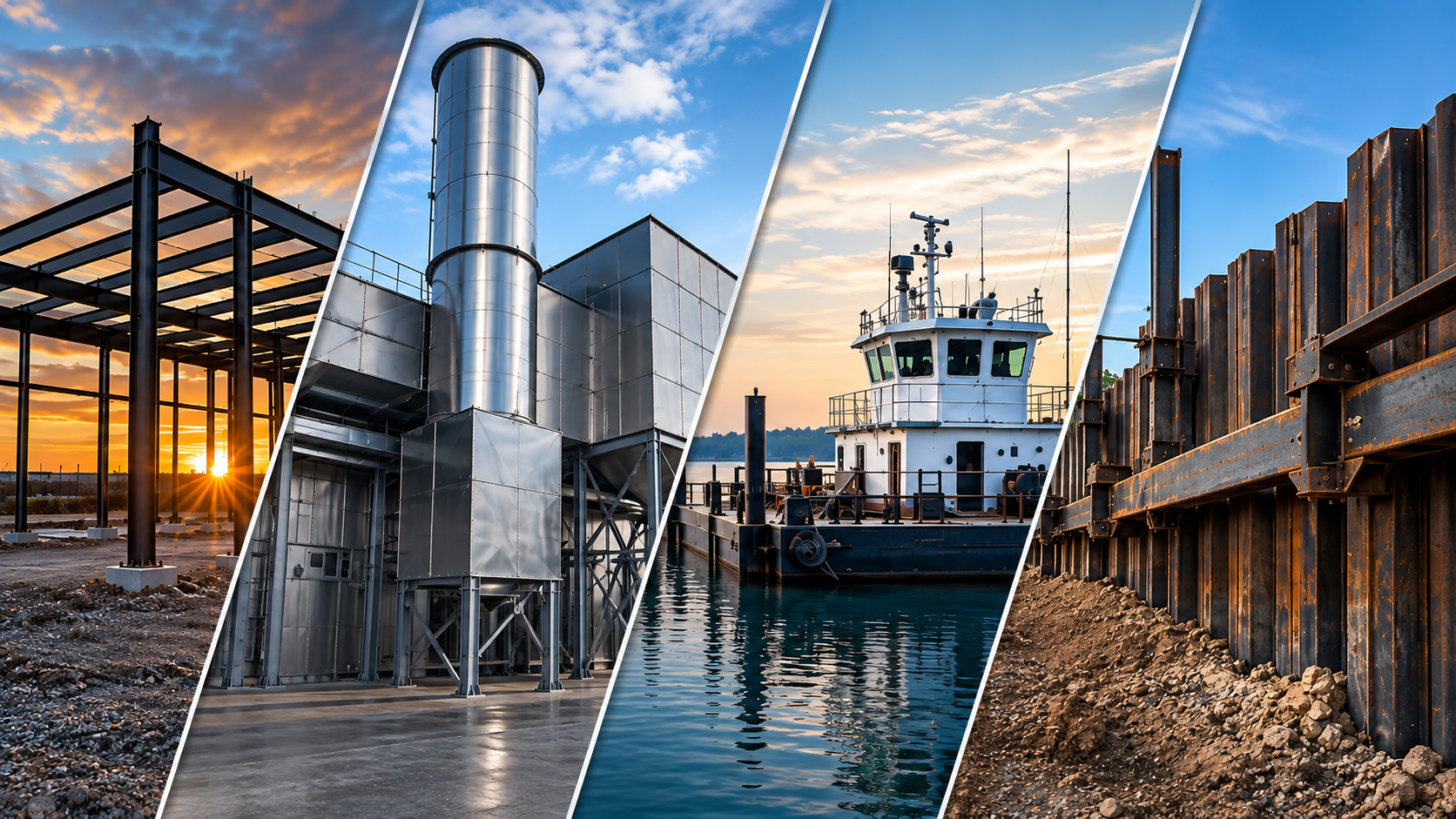 Collage of four images showing different industrial and maritime scenes including a construction site at sunset, a steel industrial facility, a boat docked at sunset, and a metal seawall under construction.