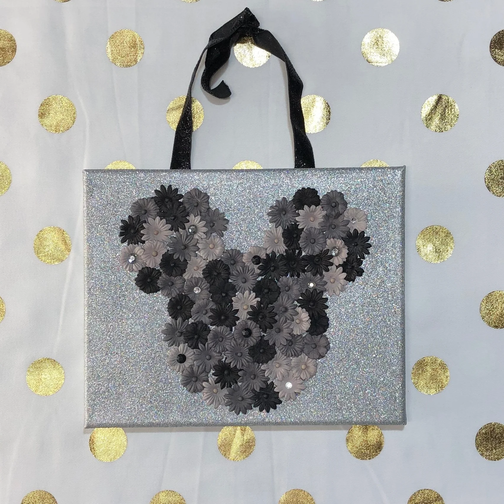 Black and Grey Flower Mickey on Silver Sparkle Canvas