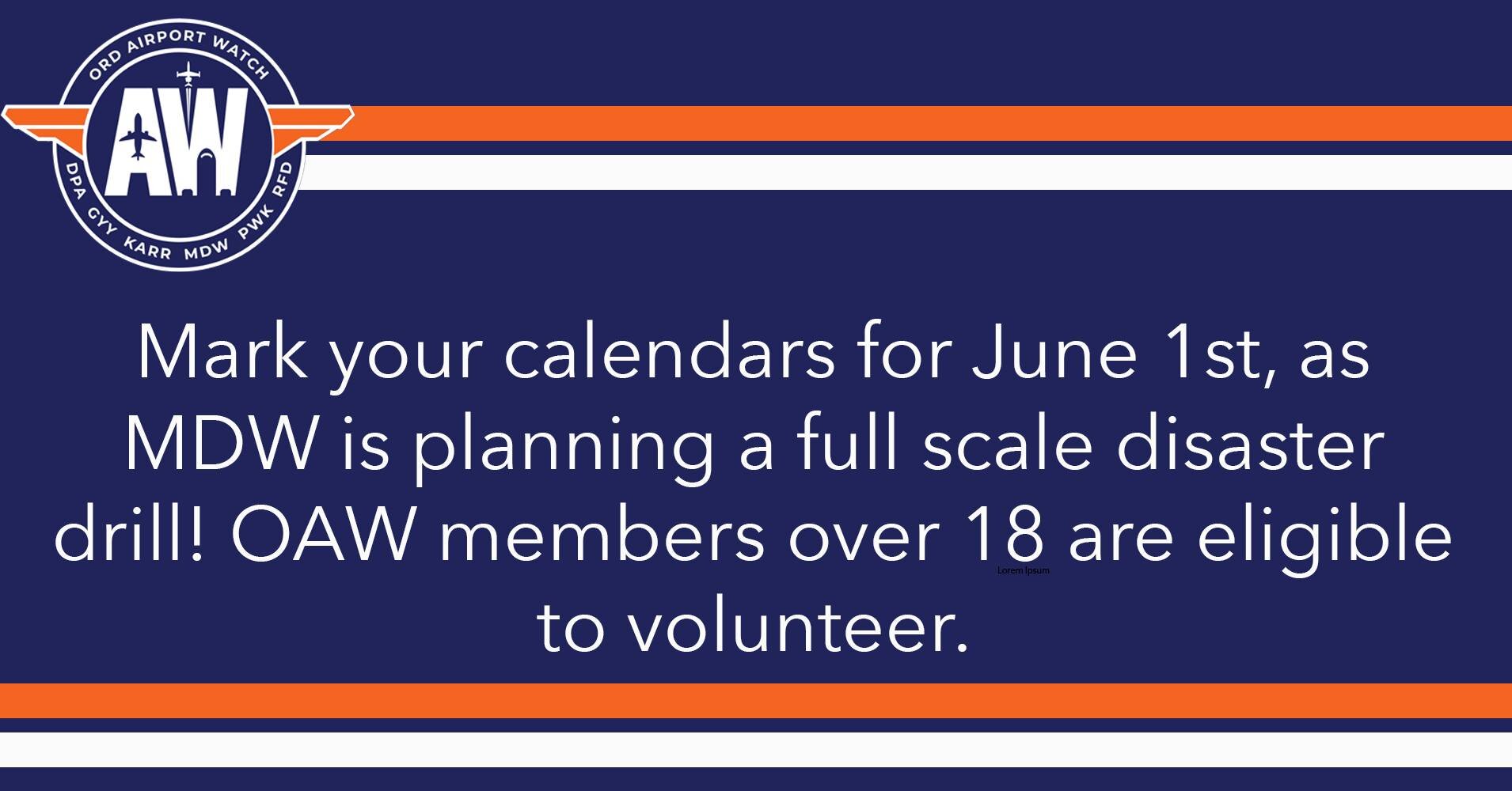 Mark your calendars for June 1st, 2024!

Every few years, Chicagoland airports perform a 'full scale exercise' to test and practice emergency procedures and response in a disaster scenario. A large number of volunteers are needed to act as the 'victi