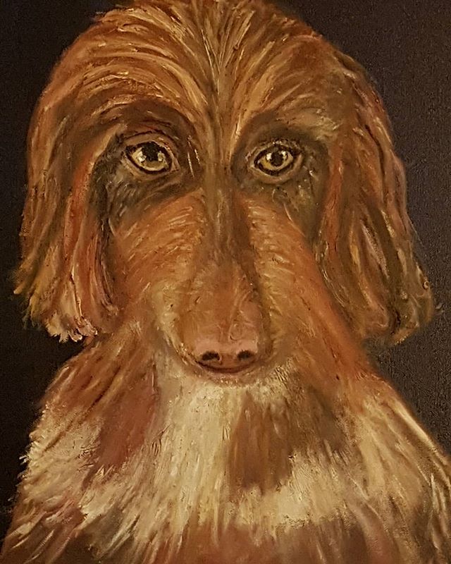 A new addition to the menagerie.  Hair of the Dog, aka Maple. #dogswelove💙 #oilpainting #animalpaintings #womenwhopaint