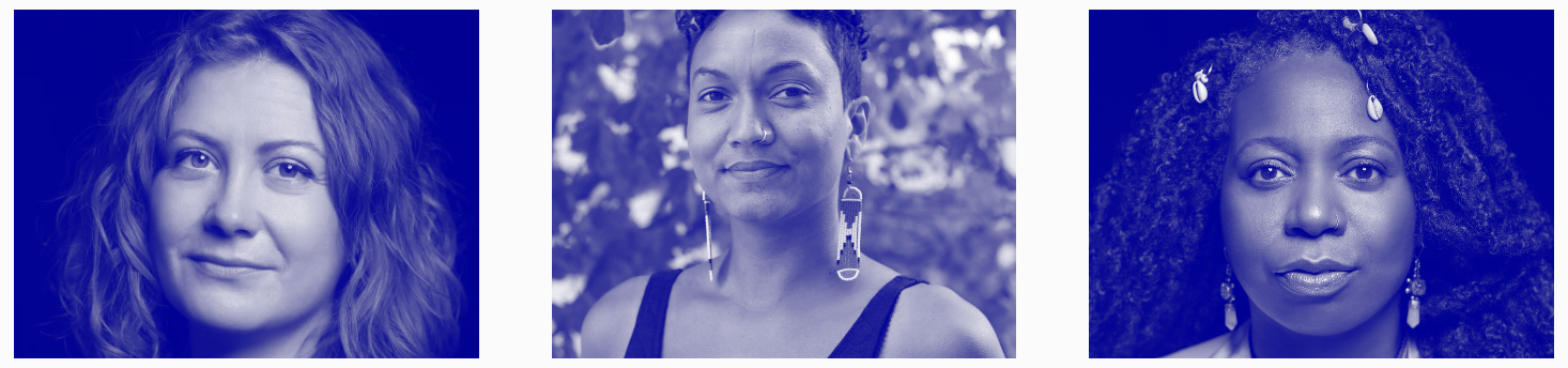 blue toned images of a smiling white woman with wavy hair, a Black woman with light skin, short hair, and long beaded earrings, and a darker skinned Black woman with long locks adorned with cowry shells.