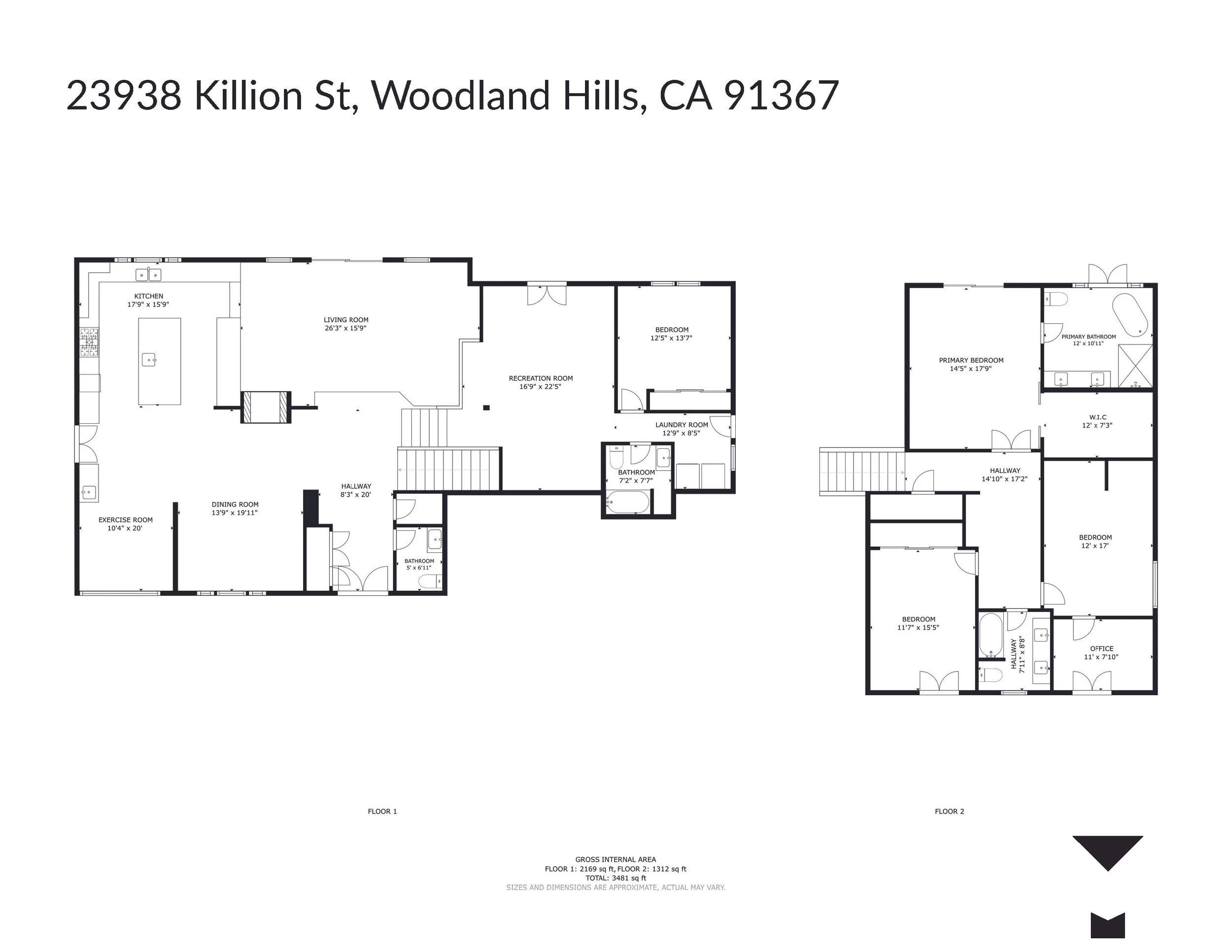 Floor plan layout for a house showing two floors with rooms labeled as kitchen, living room, recreation room, bedrooms, bathrooms, laundry room, hallway, office, with dimensions for each room.