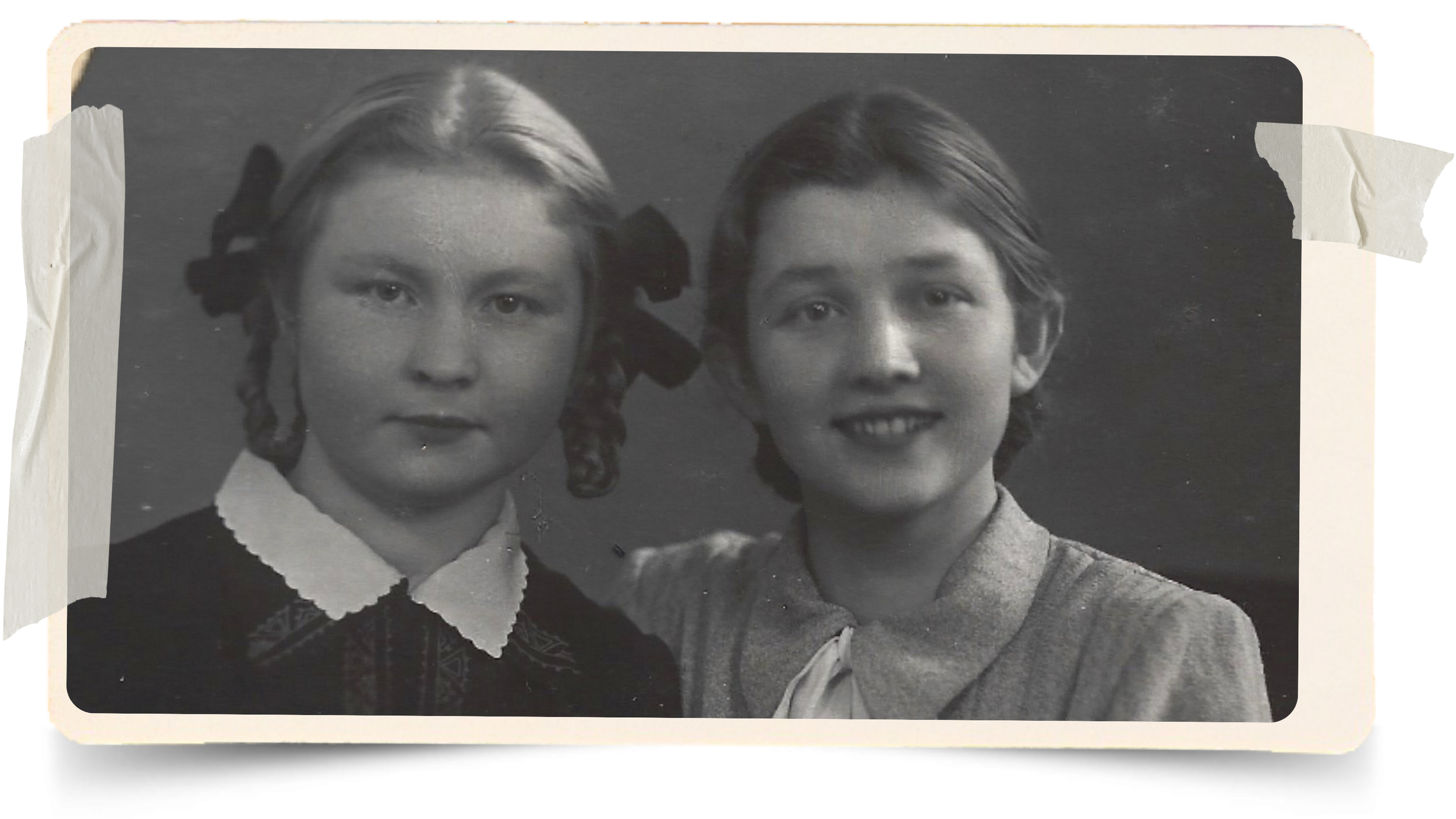 A black and white photograph of Aleksandra's grandmother Ida and great-aunt Maya, whom the handbag is named after
