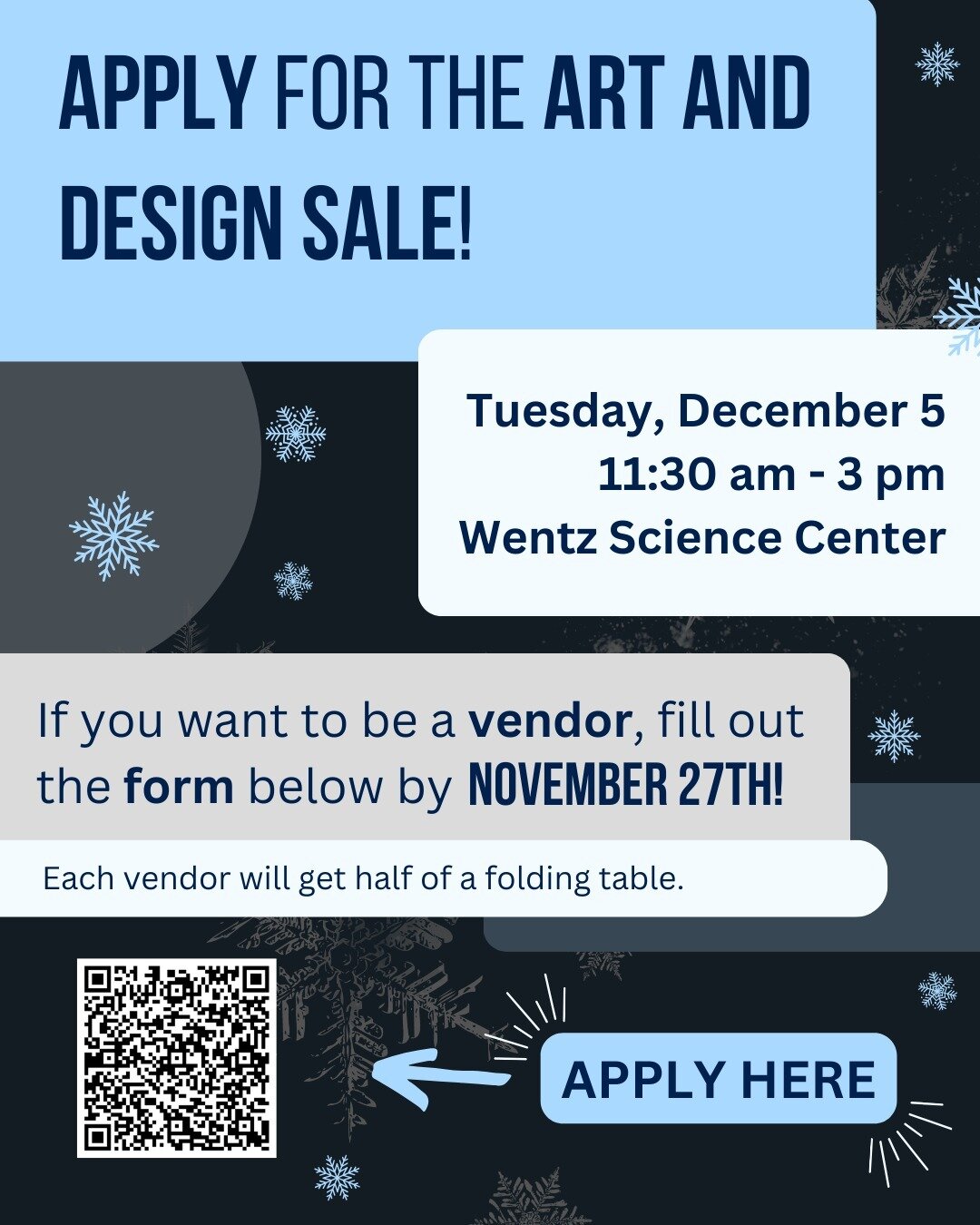 Come on by the Wentz Science Center this December 5th from 11:30 am to 3 pm for the art and design sale! Get ahead on holiday shopping and support amazing local artists and designers.

Looking to sell your art during the sale? Make sure to sign up by