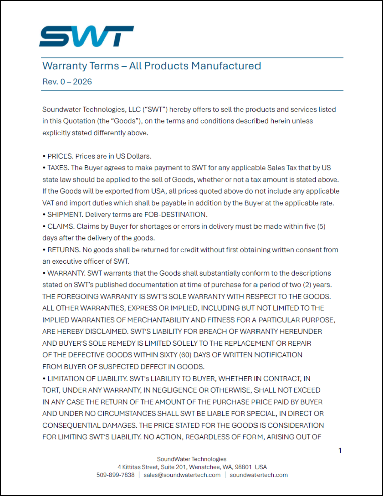 Warranty Terms – All Products Manufactured