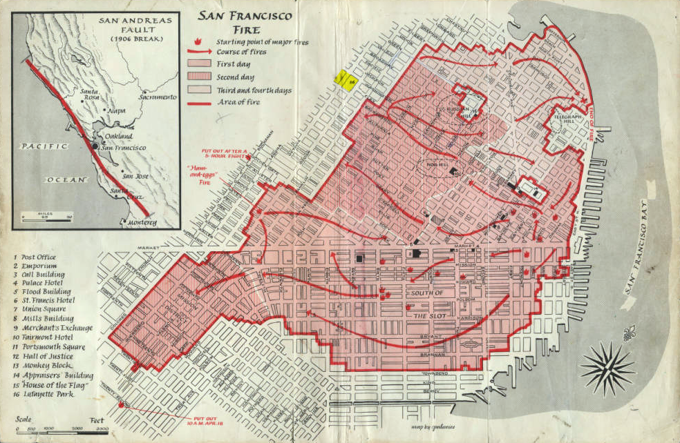  Map depicting burned area of the city. Lafayette Park highlighted in yellow.  Rafael D. Palacios/San Jose Public Library  