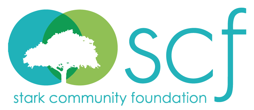 Logo of Stark Community Foundation featuring a stylized tree with overlapping circles in blue and green, and the initials 'scf' with the full name below.