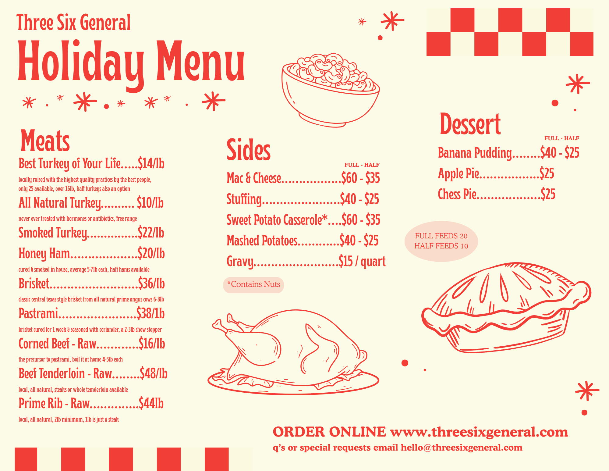 holiday menu with scratch local all natural meats like turkey brisket pastrami ham. raw and smoked options from a local butcher shop in san marcos texas. sides and desert too.