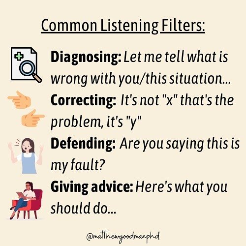 Conscious listening is a challenging skill, but one that can be invaluable to relationships (personal and professional). ⁠
⁠
Our instinct may be to use one of these common listening filters: ⁠
⁠
Diagnosing: &quot;let me tell what is wrong with you/th