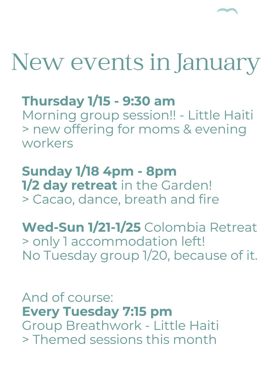 More times to breathe this January! 
Join the morning session, 
the Sunday retreat, 
get the last room of the Colombia retreat 
or book your private session or group 
to start this new year in balance and with intention.

 More on: willfly.co
 
 
 
 