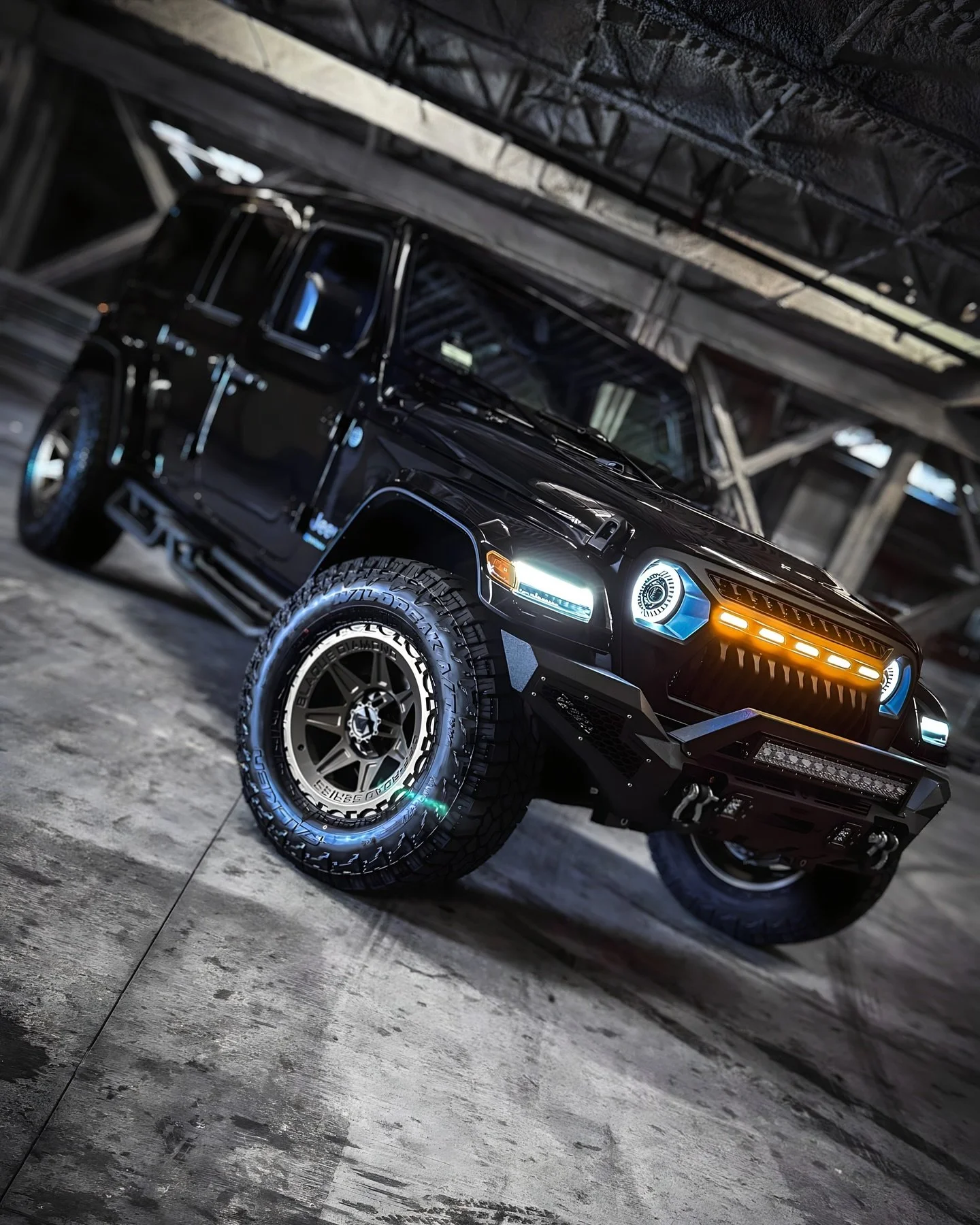 Jeep Wrangler EV came in for a custom grill, headlights, front bumper swap, side steps and 5 brand new BD-081 off-road @bdwheels + 34&rdquo; Tires. #mobileservice #mobilewraps #thewrapdistrict #thewrapdistrictla #vinylwrap #wrapped #paintisdead #sout