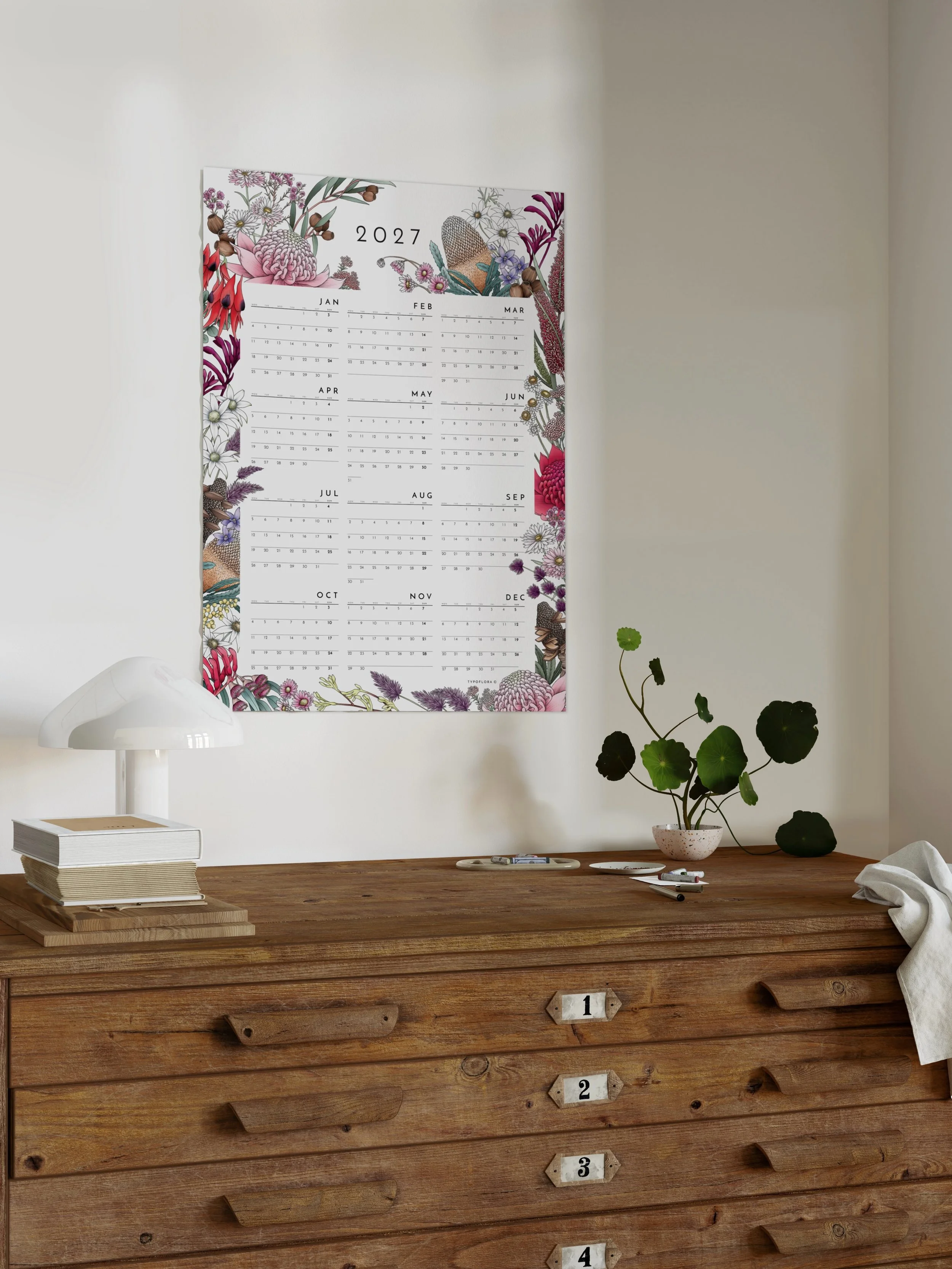 A whole year of planning, with a little botanical beauty of Australian blooms on the wall. 

Our 2027 Blooming Calendar Poster brings all 12 months together in one place, with original botanical illustrations and space to jot down important dates and