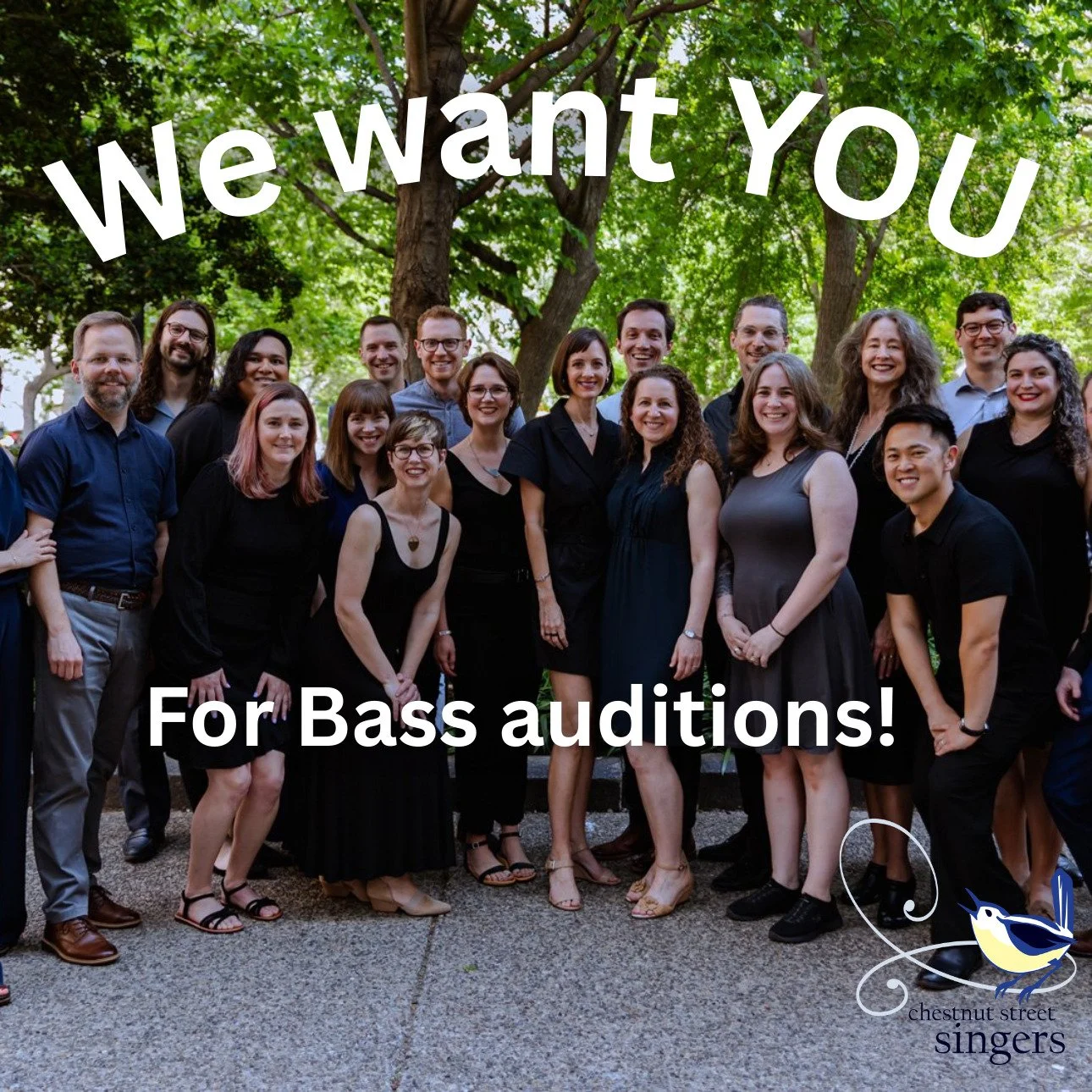 Are you the deepest voice in your choir? Are friends and family wowed by your resonance? Do strangers tell you that you should narrate audiobooks? If so, the Chestnut Street Singers want YOU 🫵 for our upcoming bass auditions!

The Chestnut Street Si