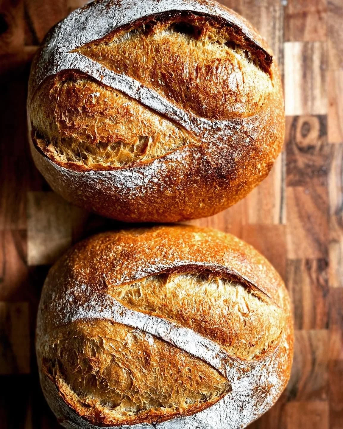 Two fresh spelt white sourdough loaves