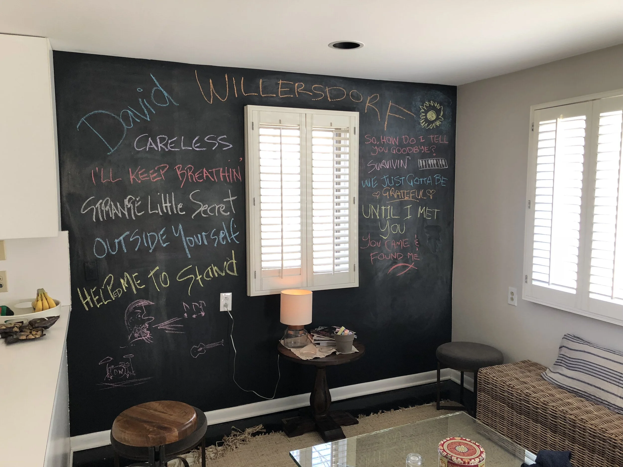 The Harpeth Trace Studio Song Wall. “Each time someone records an album, Rick Price has them write their songs up on the song wall. Dami Im had just recorded her album at the same studio and her songs were all up on the wall when I arrived. I remember feeling the sense of history as I got to write my own songs up there with Rick!” says David Willersdorf.