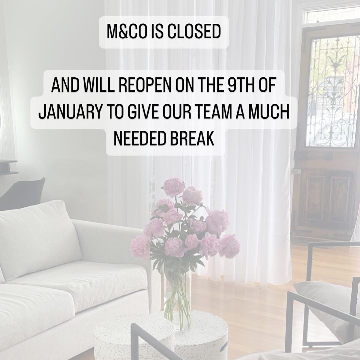 A reminder babes M&amp;CO is closed until the 9th of January. All enquires will be responded to after the 6th of January to ensure our team gets a much needed break. Stay safe and we can&rsquo;t wait to see you in 2024