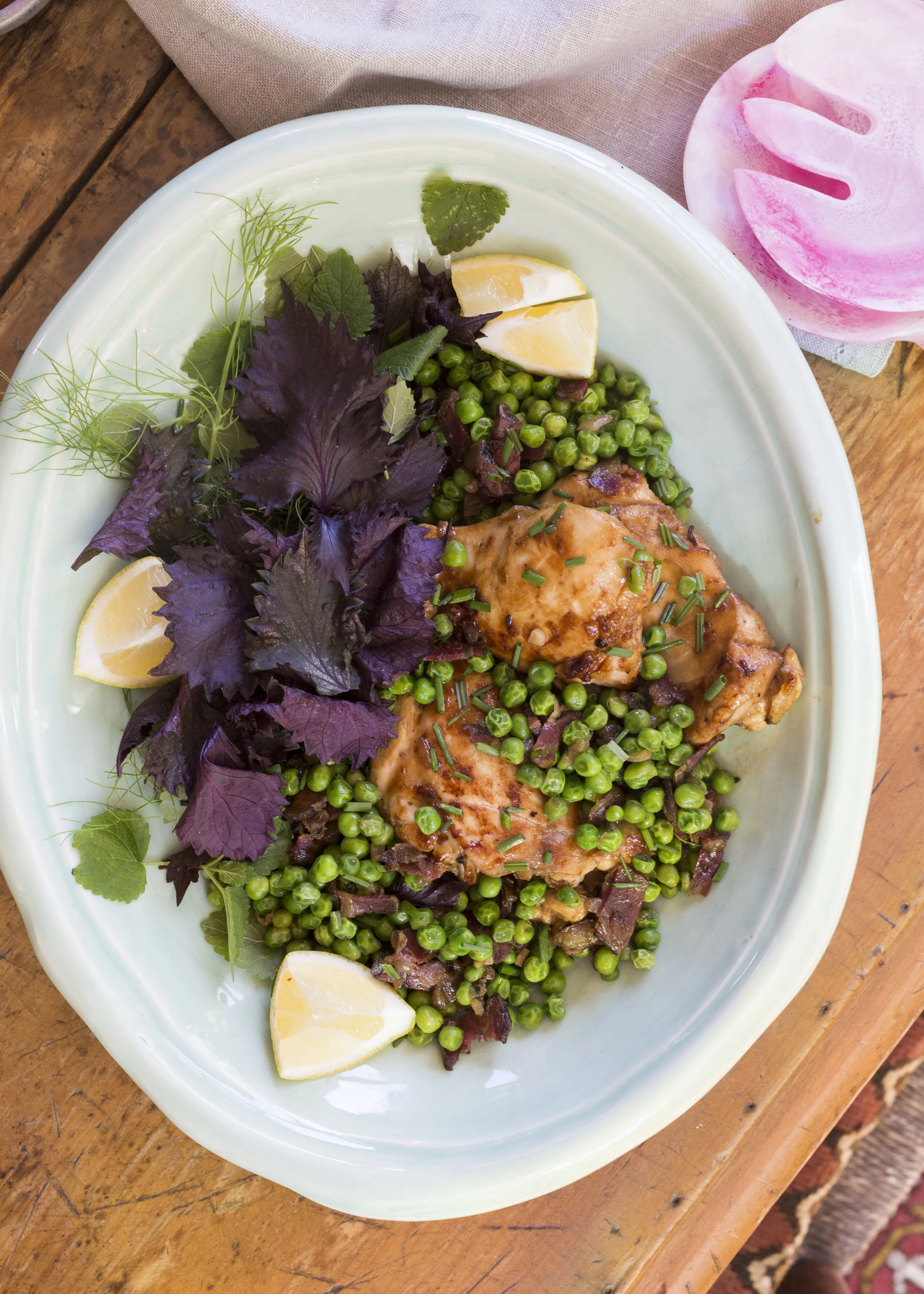 Marinade Chicken Thighs with a bacon and pea salad