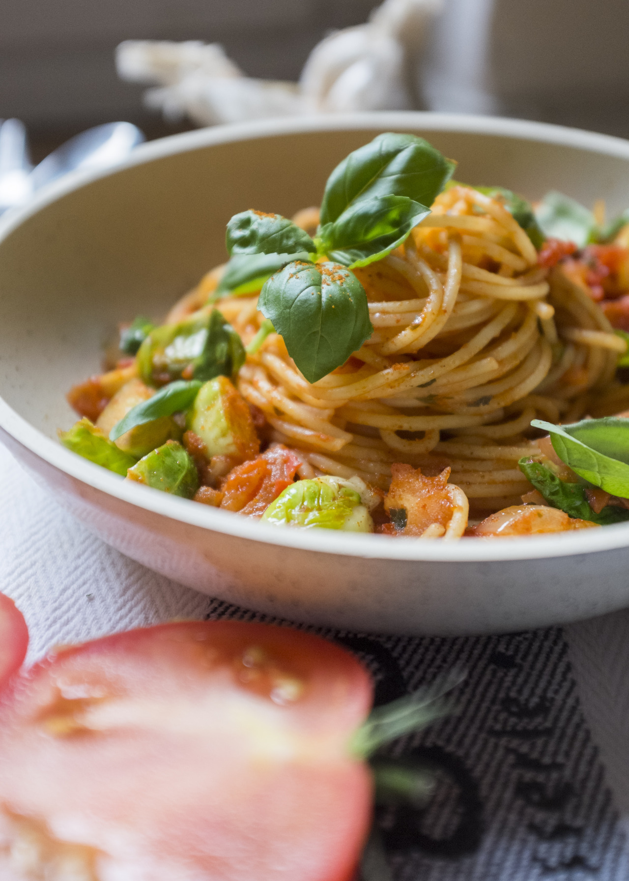 Spaghetti with Homemade Tomato Sauce and Brussel Sprouts