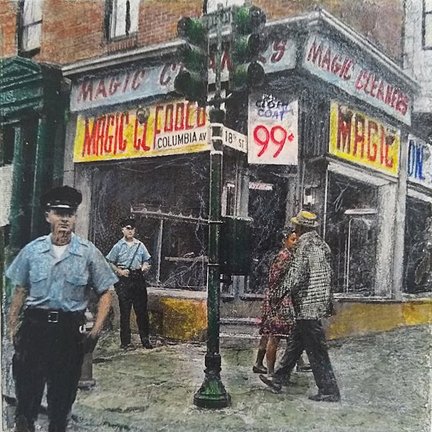 1. 1964 Columbia Ave. Transfer print, collage, mixed media on wood panel, 6 x 6, 2023. (1).jpg