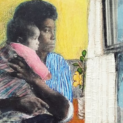 3. 1957 Levittown, PA. Daisy Meyers and Baby at their Window. Transfer print, collage, mixed media on wood panel, 6” x 6”, 2023..jpg