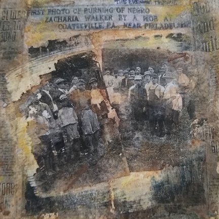 9. 1911 Coatesville, PA. Newspaper. Transfer print, collage, mixed media on wood panel, 6  x 6  2023..jpg