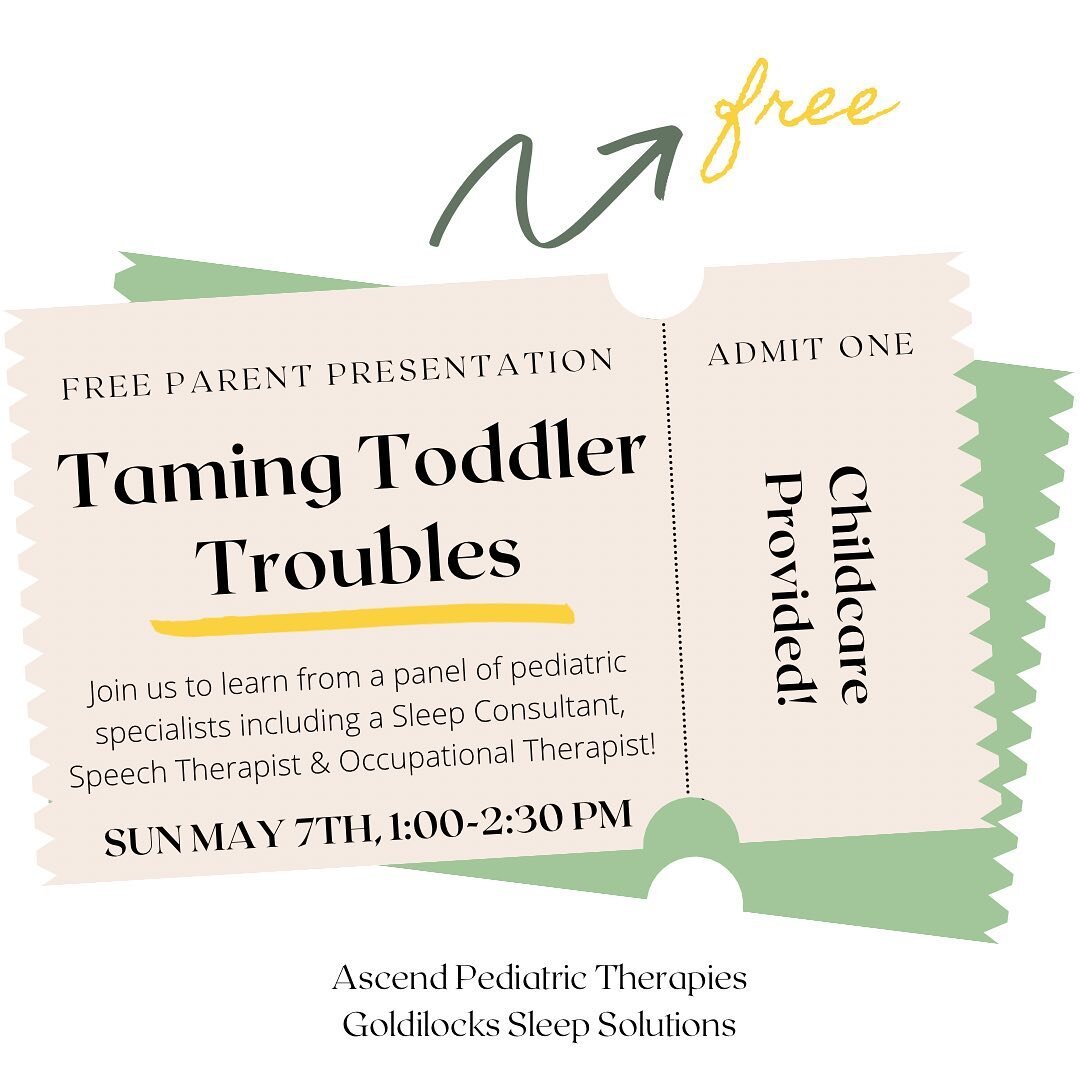 🌟Join us for a FREE parent panel to tackle taming toddler troubles! 

👩&zwj;⚕️Learn from a panel of pediatric specialists, including our own Jackie (SLP), Maria (OT - @a_mom_in_ot) and Patti of @goldilockssleepsolutions about all things toddler dev