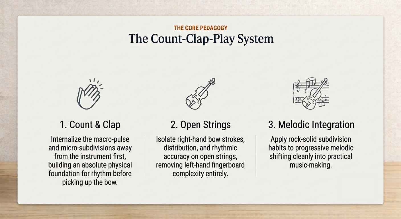 Core pedagogy, count clap and play system, melodic integration, open strings, marco-pulse, micro-subdivisions