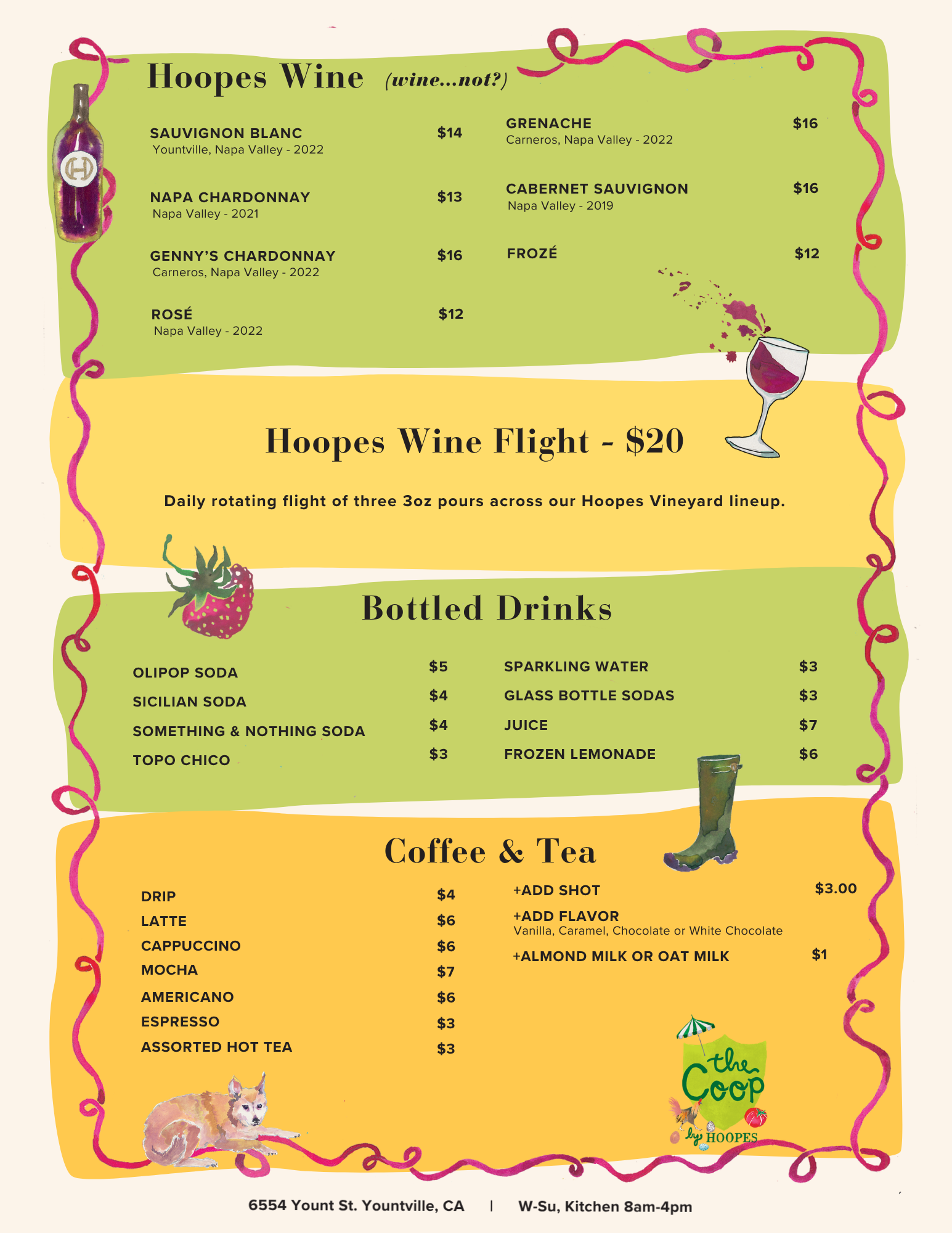 A menu featuring wine, bottled drinks, and coffee and tea options with colorful illustrations of a wine bottle, a glass of wine, a strawberry, a cat, and a trash can. The menu provides details about wines, such as Sauvignon Blanc and Cabernet Sauvignon, and various hot coffee drinks including drip, latte, cappuccino, mocha, Americano, espresso, and hot teas. The menu is from a place called HOPE'S located at 6554 Yount St., Yountville, CA, open from 8 am to 4 pm.