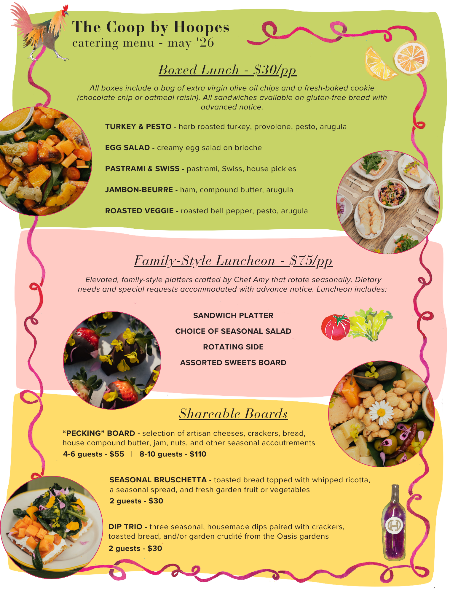A catering menu titled 'The Coop by Hope' for May 2026, featuring various lunch options and shareable boards, with colorful illustrations of a rooster, lemon slices, vegetables, flowers, and a bottle of wine.