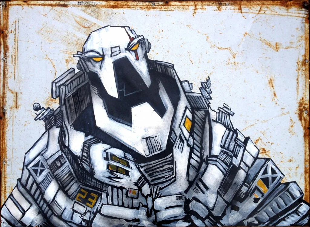 MAN MACHINE Steel Edition 001 Acrylic and spray on steel. 104cm x 75cm Soon on show at ink-d gallery, brighton.