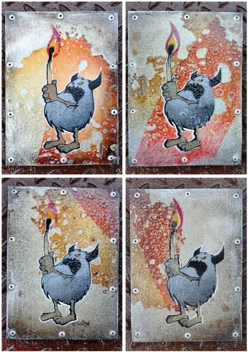 Multi layered stencil on mounted sheet of metal. Edition of four. Signed and stamped. Postage & packing included. 16cm x 12cm UK £50 Worldwide £60