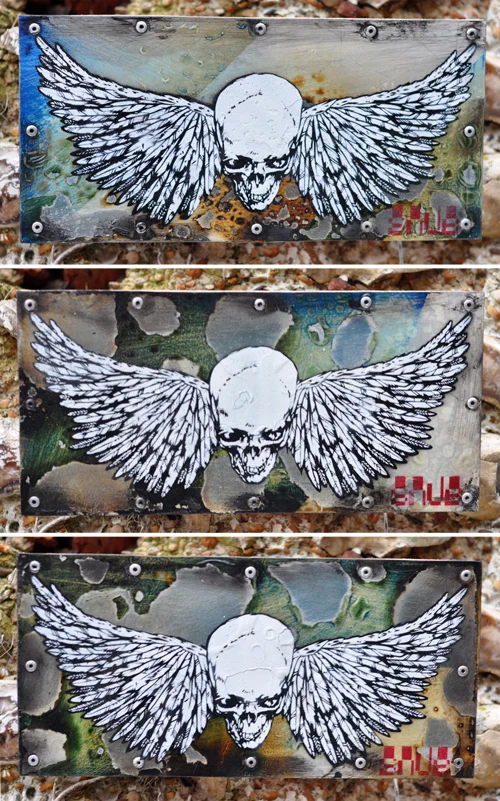 SNUB ARS LONGA MICRO BURNT EDITION Sometimes I paint stuff I just want to keep all to myself. So if you want one buy it quick before I change my mind 🙂 Multi layered stencil on mounted sheet of metal. Edition of three. Signed and stamped. Postage & packing included. 17.3cm x 13cm