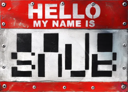 HELLO MY NAME IS.. Stencil on hand cut reflective metal mounted on wooden block. First in a new series. Textured and distressed Signed & Numbered postage & packing included 30cm x 21cm x 5cm