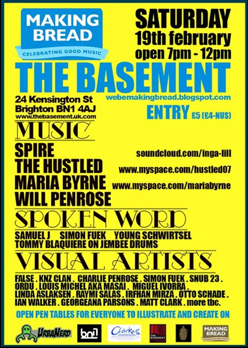 “An evening of live musicians;spire,the hustled,maria byrne,will penrose. spoken word,live jembees,exhibiting lowbrow/streetart from the likes of snub,otto,knz clan,284 cru,louis michel aka masai and many more. illustration tables for all to draw on.” Event info here