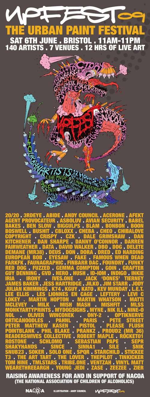 It’s that time again. UPFEST in Bristol. Info here And dope flyer by Andy Council
