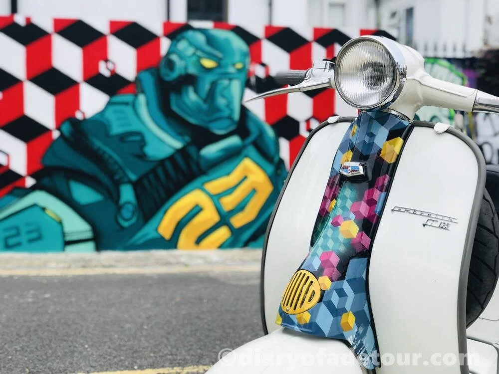 Next we went to Trafalgar Lane, where we’d first met Seth and Amy. One of Seth’s trademark robots is there, with some ISO shapes in the background.