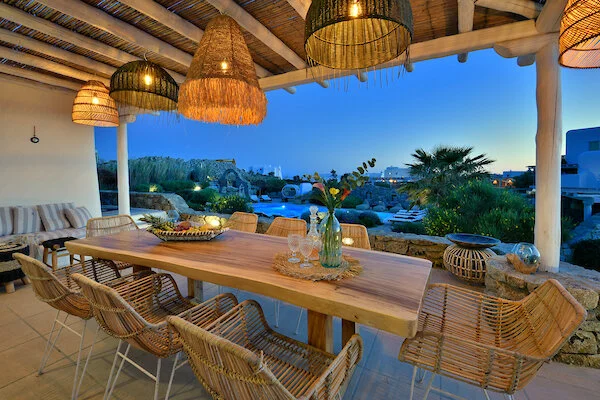 Dining terrace above the pool at Villa Afroditi