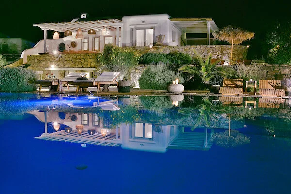 Private pool of Villa Afroditi at night