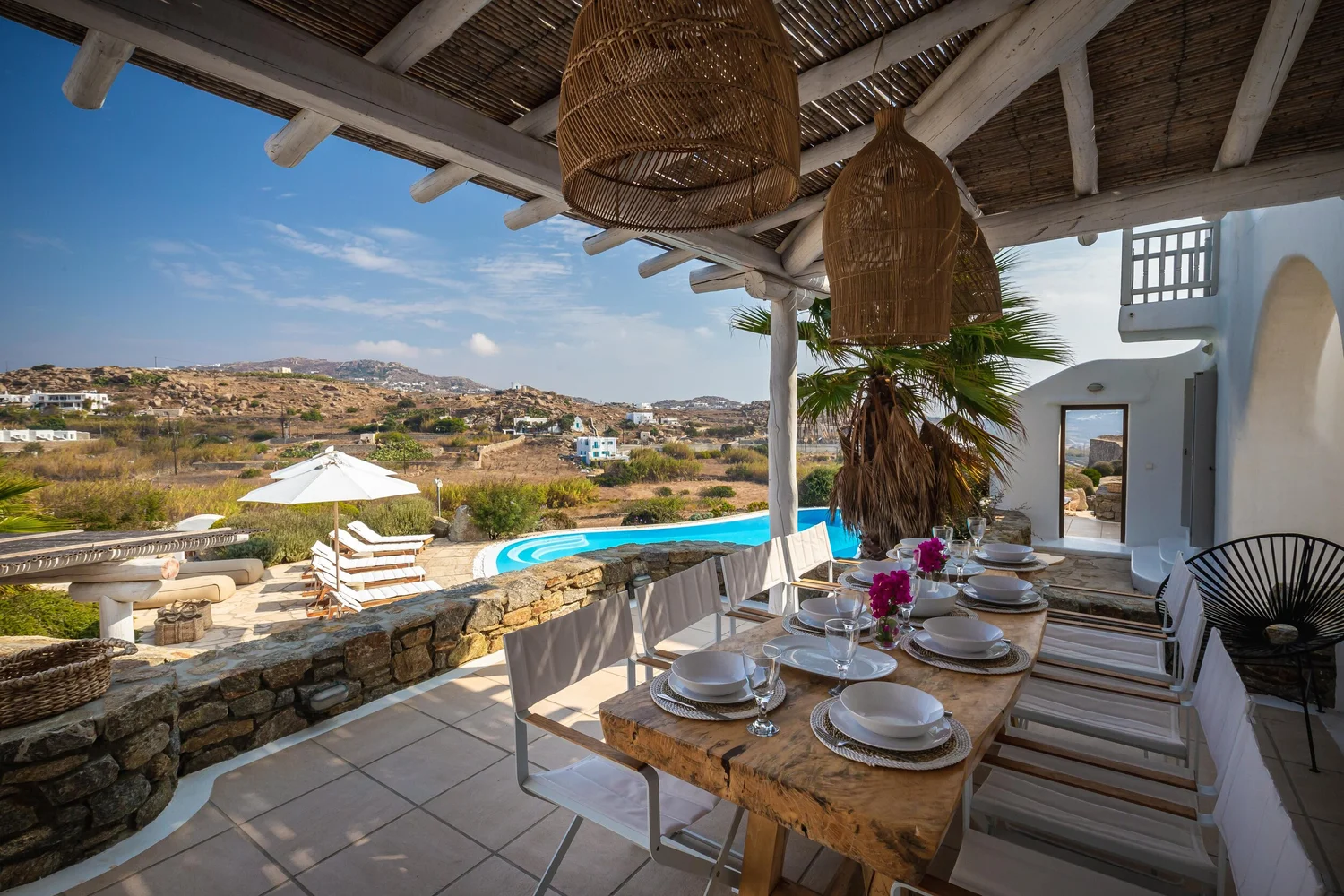Dining terrace overlooking the south coast of Mykonos