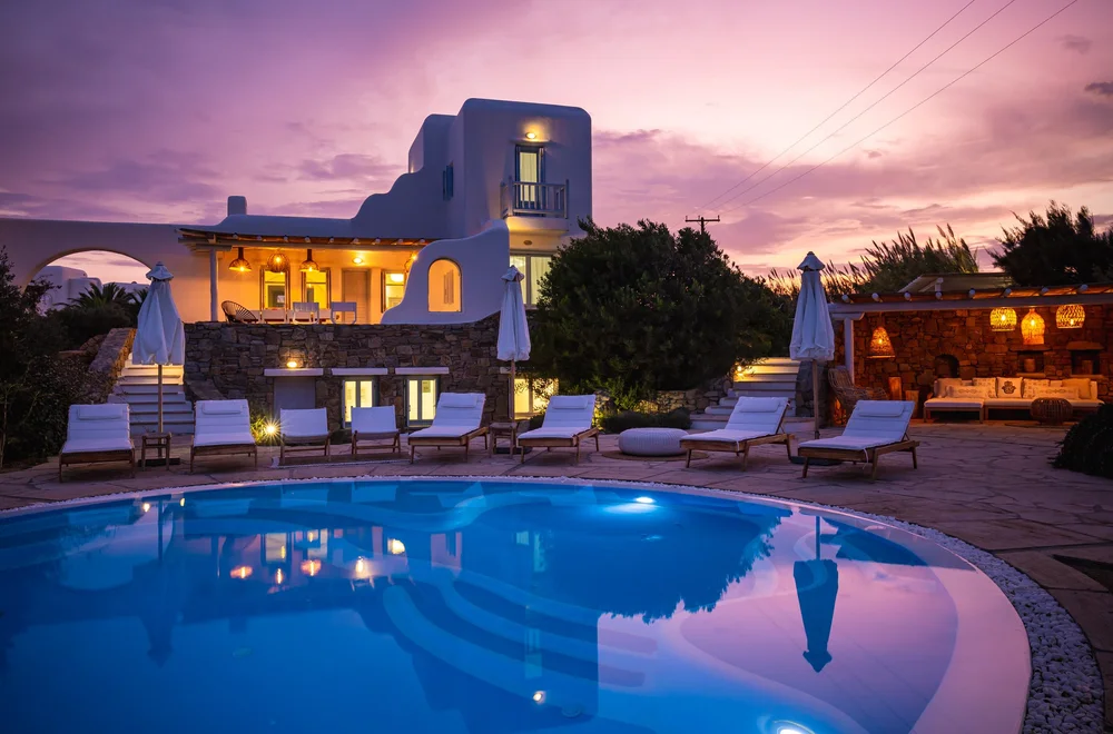 Villa Nefeli and its private pool at dusk