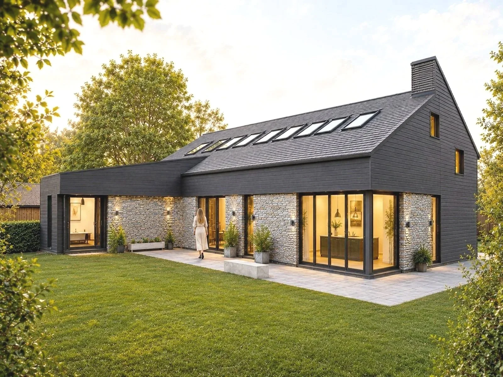 Modern house with stone and black wood exterior, large glass doors, and windows, surrounded by greenery and trees, at sunset