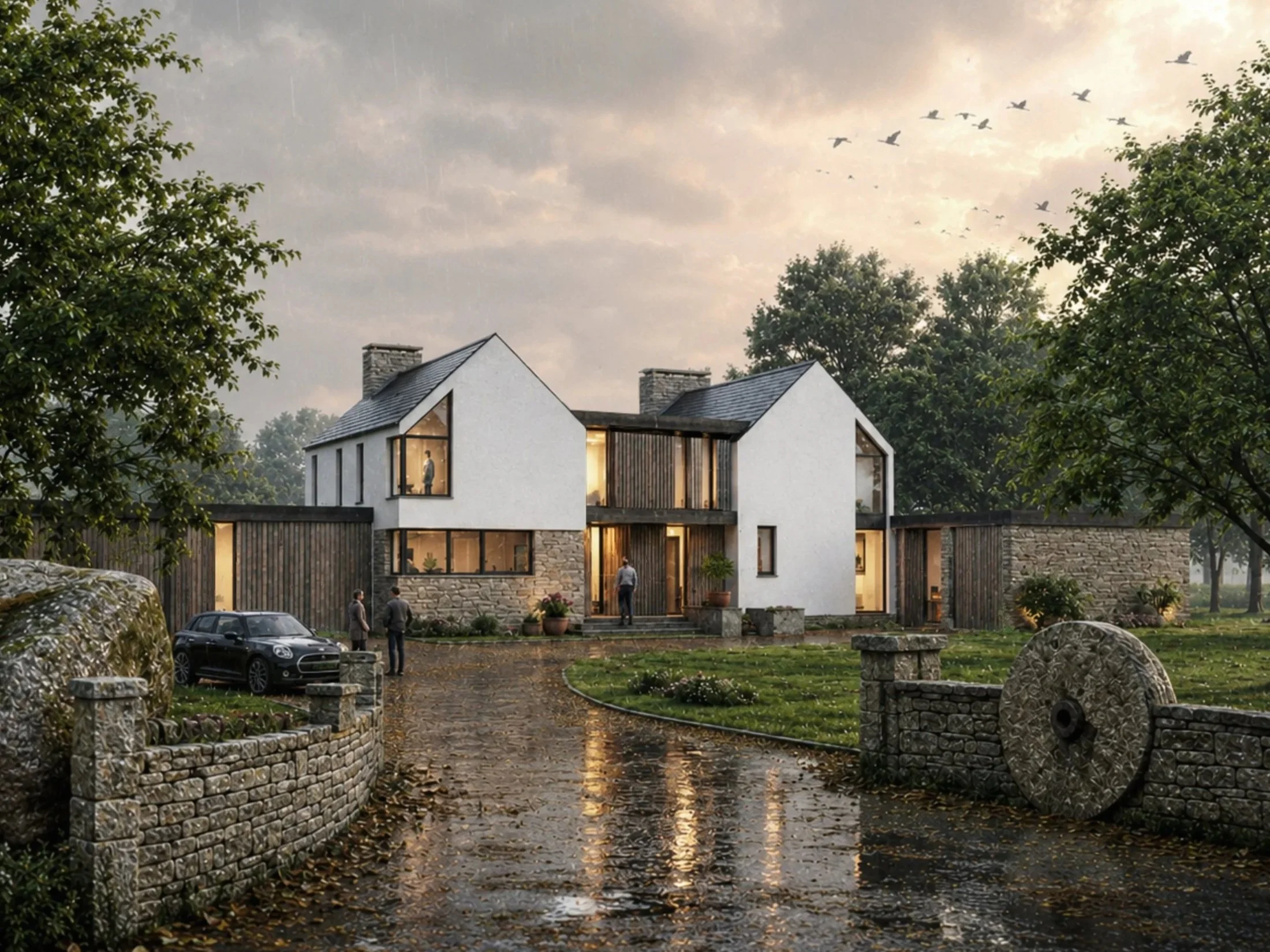 Newton Mearns, Glasgow Modern white house with large windows, surrounded by trees and a stone fence, under a cloudy sky with a flock of birds flying in the distance.