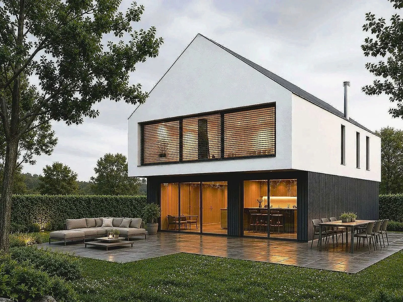 Modern two-story Passiv house Carluke with white and black exterior, large sliding glass doors, and outdoor patio with seating and dining furniture, surrounding greenery and trees.
