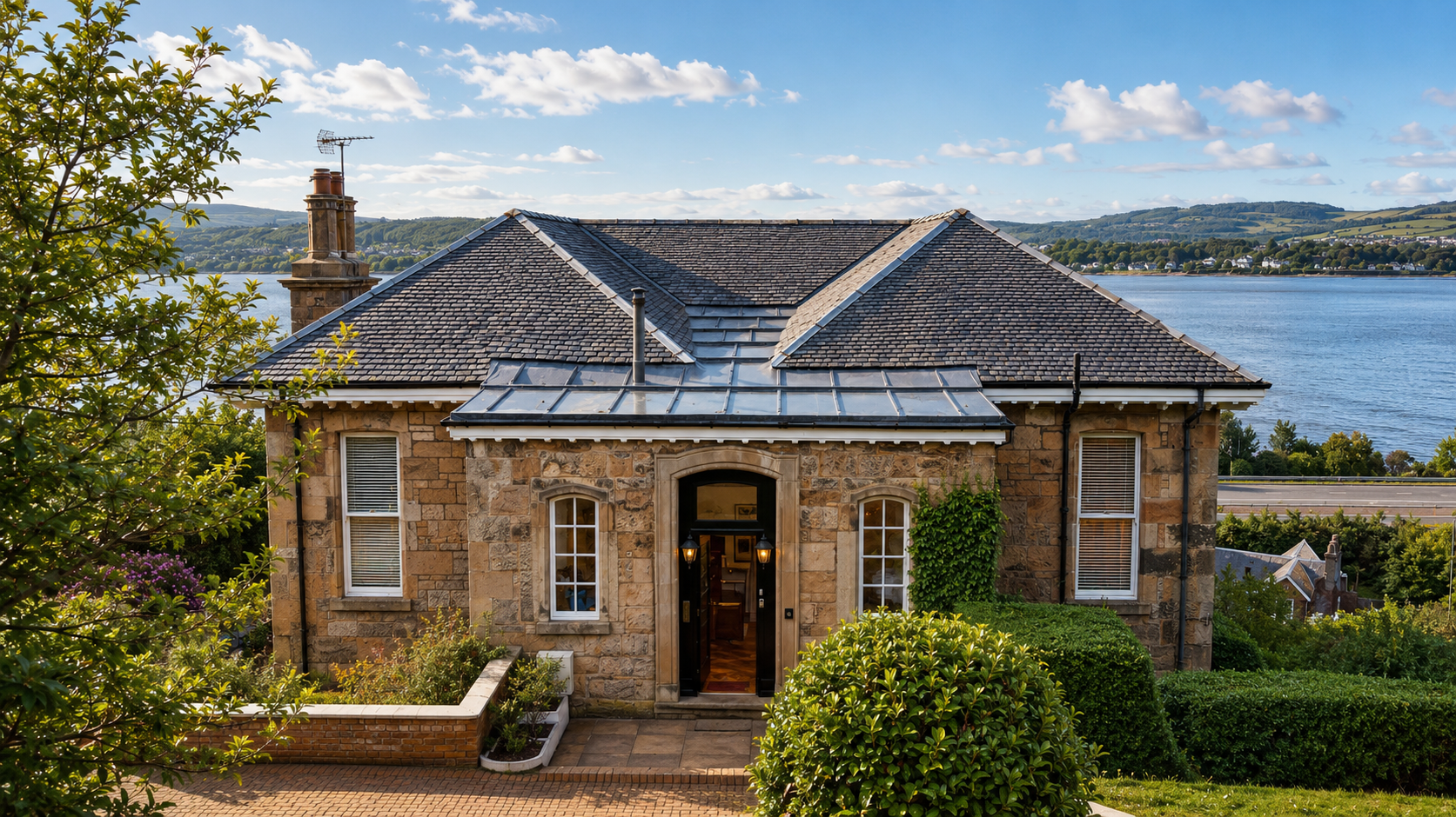 A stone house with a slate roof overlooking a body of water and distant hills, surrounded by greenery.