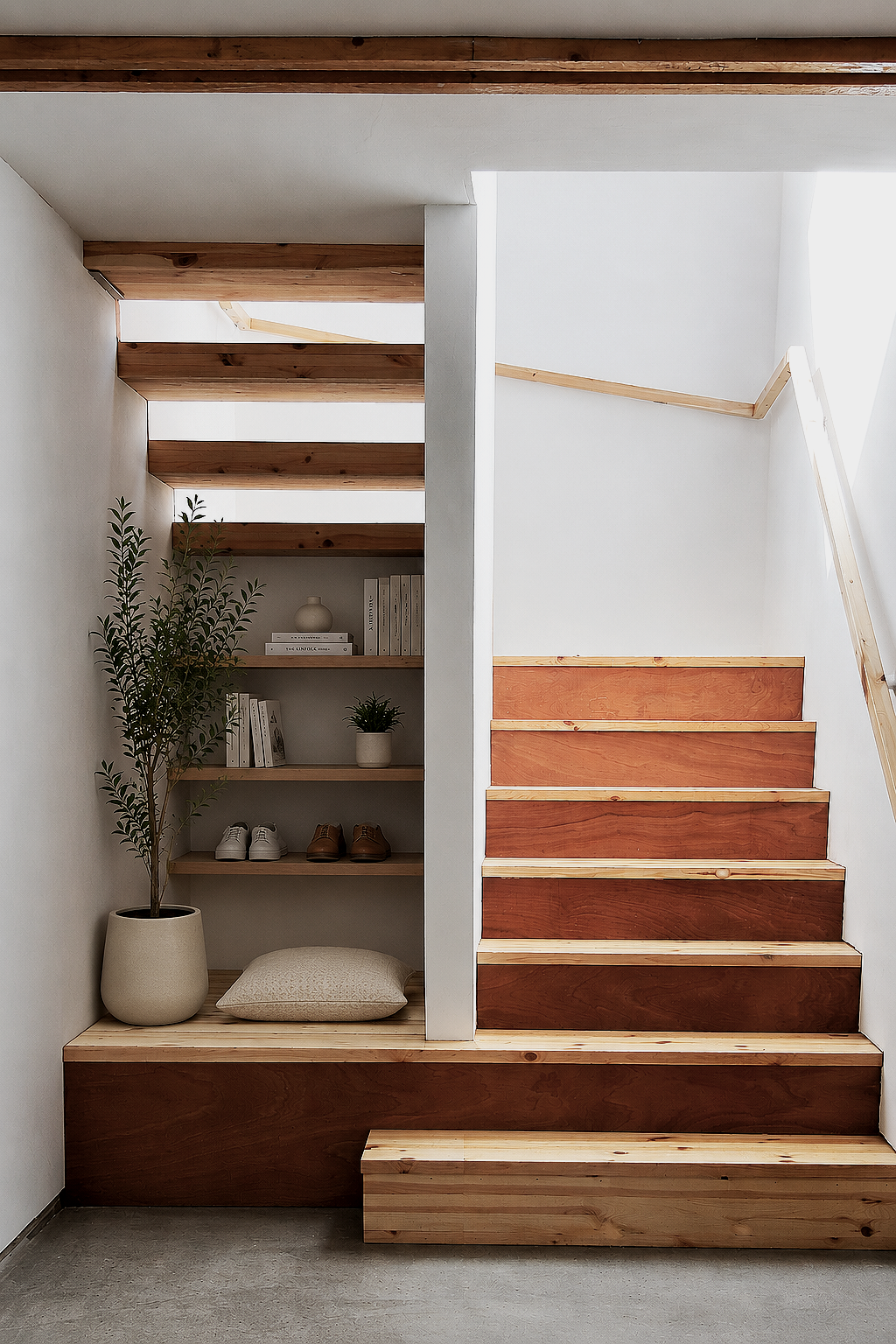 Internal bespoke staircase . Interior view of wooden stairs and bookshelf with decor, plants, shoes, and pillow.