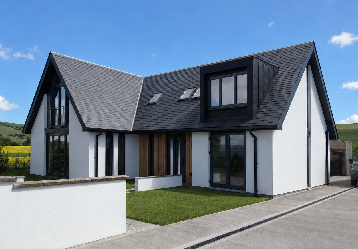 Laurencekirk low energy home Modern two-story house with a gabled roof, large windows, and a white exterior, set against a blue sky with some clouds. Scandinavian Scottish ICF