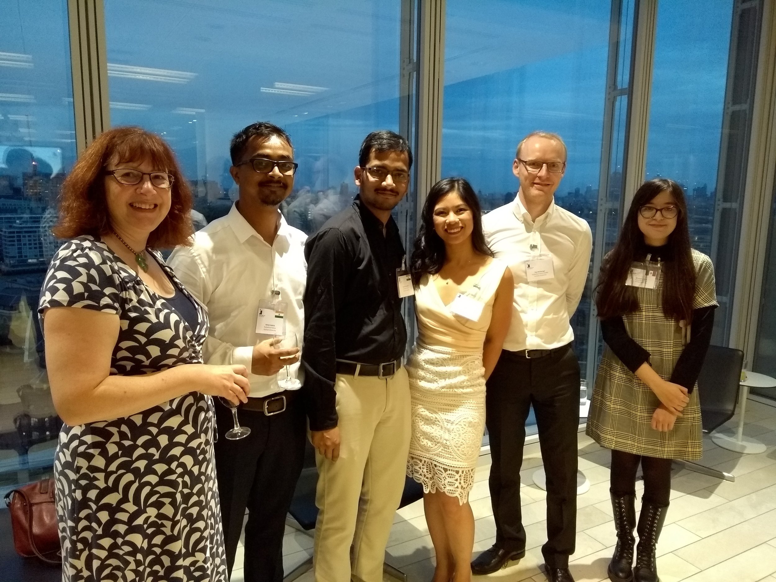 Durham's Rutherford Contingent at the UUKi Rutherford Reception in the Shard, London. l-r: Prof Claire Warwick (PVC Research), Dr Abhijit Mallick (Rutherford Fellow) Dr Pavan Yerramsetti (Rutherford Fellow), Dr Alyssa-Jennifer Avestro (Rutherford Award Holder), Dr Paul McGonigal (Rutherford Award Holder), Dr Ali Huerta-Flores (Rutherford Fellow)